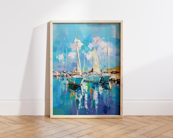 Sailboats Reflected In Turquoise Marina Scenic Oil Painting Poster