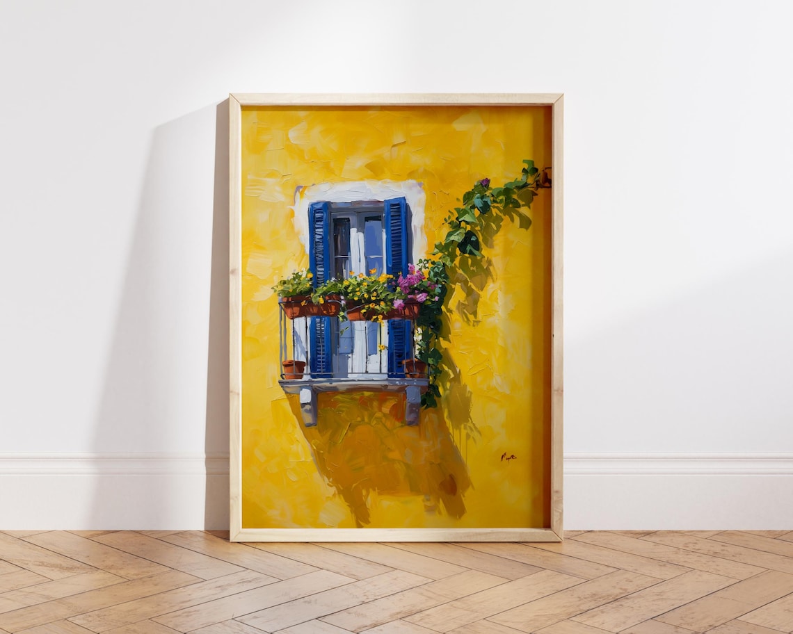 Yellow Mediterranean Wall With Blue Shutters Balcony Painting Poster