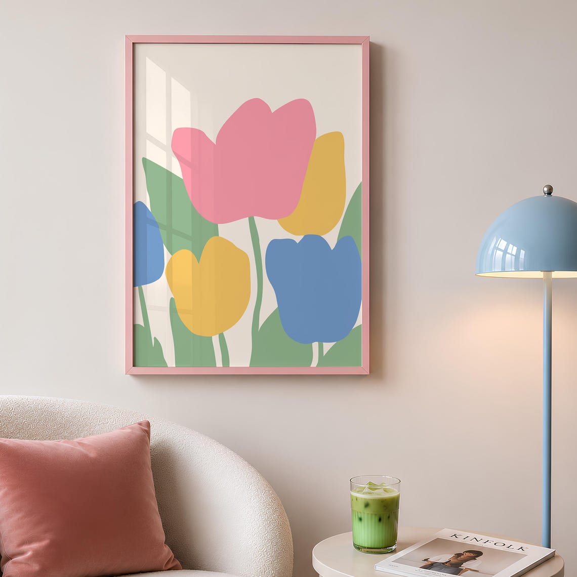 Pink Yellow Blue Tulips Danish Pastel Minimal Botanical Poster