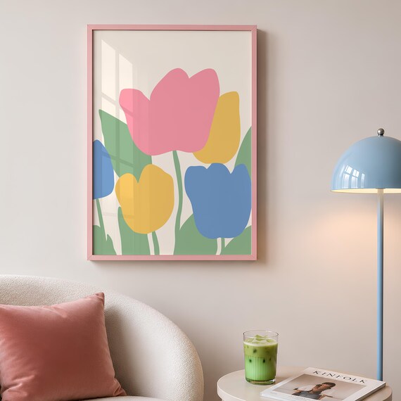Pink Yellow Blue Tulips Danish Pastel Minimal Botanical Poster