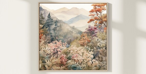 Watercolor Forest Landscape Art Print, Autumn Trees