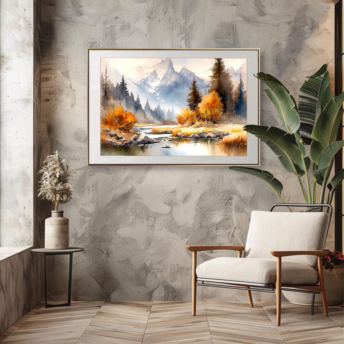 Autumn Mountain Lake Rocky Shoreline Snow Peaks Watercolor Nature Poster - Image 5