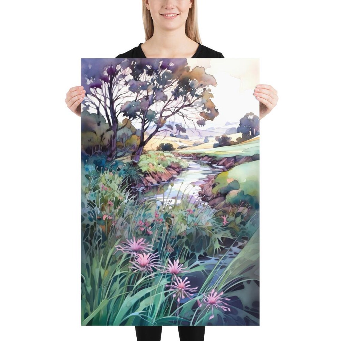 Purple Trees Creekside Trail Green Hills Watercolor Art Poster - Image 5