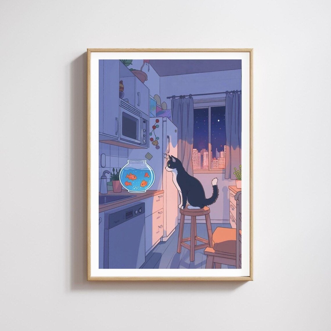 Illustrated Cat Poster, Anime Kitchen Art