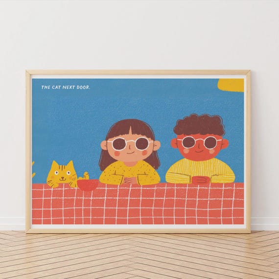 Childrens Cat Illustration Art Print Japanese Style Kids Room Decor