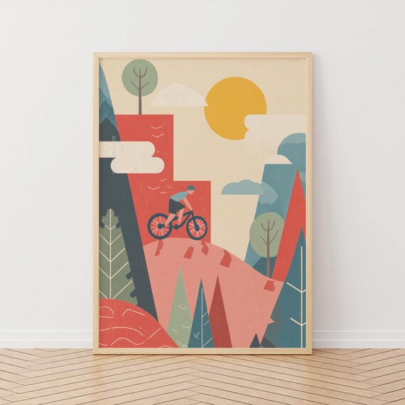 Geometric Mountain Bike Trail Red Cliffs Retro Cycling Poster