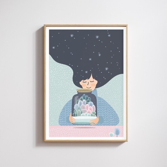 Female Nature Graphic Print, Pastel Folk Art
