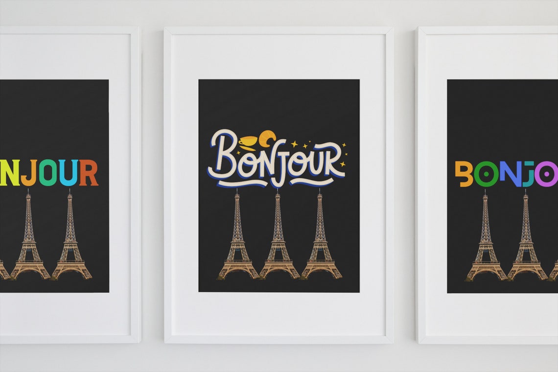 Bonjour Paris Colorful Eiffel Tower Trio Typography on Black Poster - Image 6