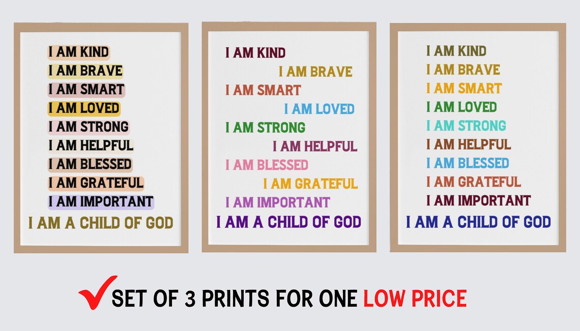 I Am Kind I Am Brave Positive Affirmations Set Of 3 Kids Room Poster