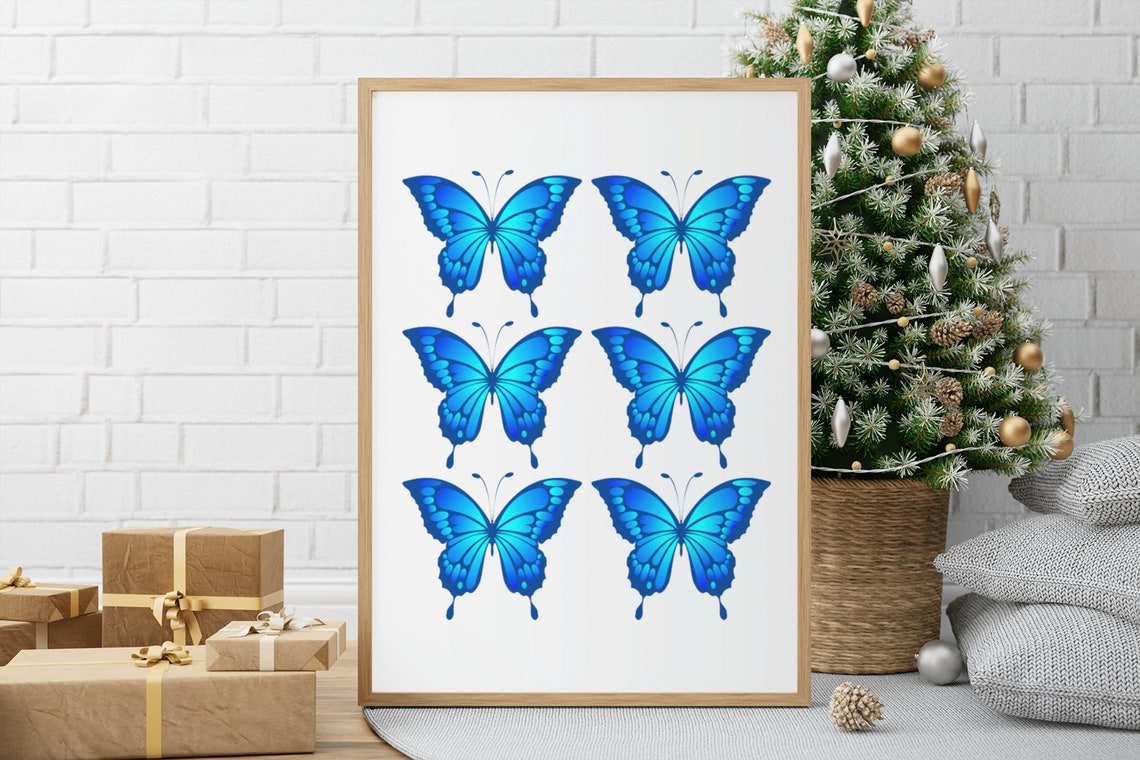 Blue Butterfly Grid Watercolor Six Insects Preppy Wall Poster