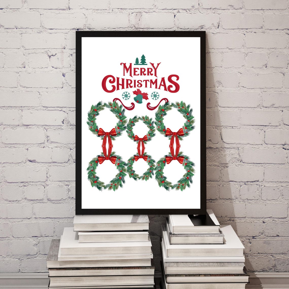 Merry Christmas Wreath Art Red Bow Holiday Festive Wall Poster