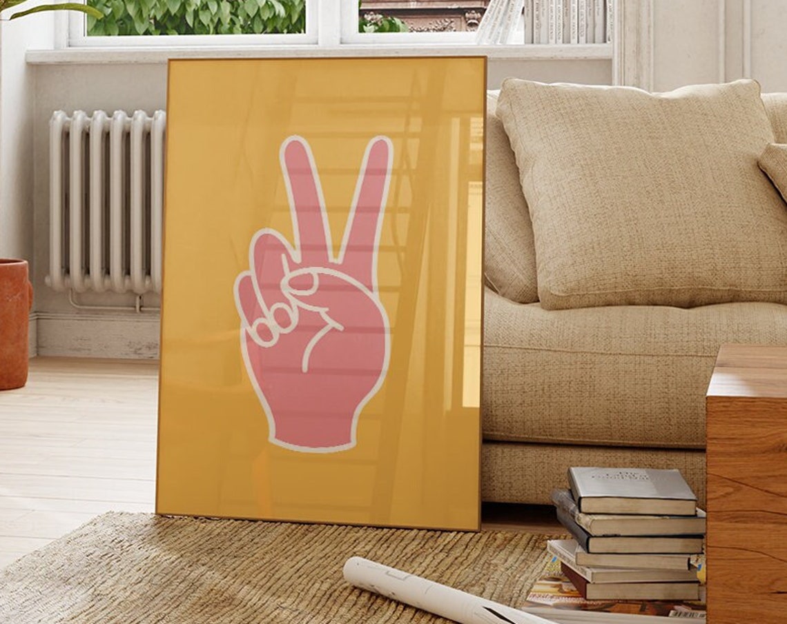 Pink Peace Sign Hand On Mustard Yellow Background Groovy Wall Art