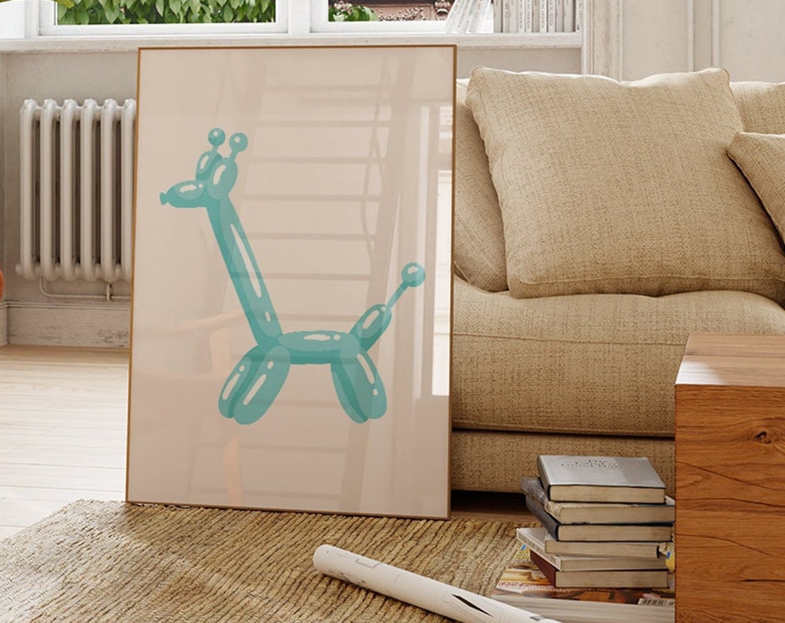 Teal Balloon Giraffe Pop Art Minimalist Cream Background Wall Poster