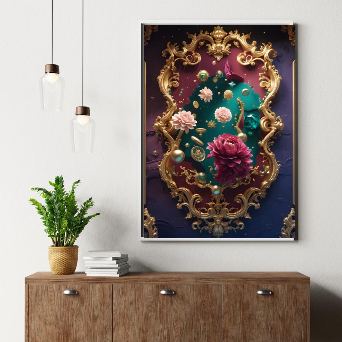 Ornate Baroque Gold Frame Jewel Tone Flowers Maximalist Decor Poster
