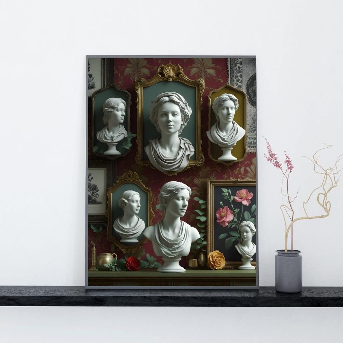 Classical Marble Bust Gallery Ornate Gold Frames Heritage Decor Poster