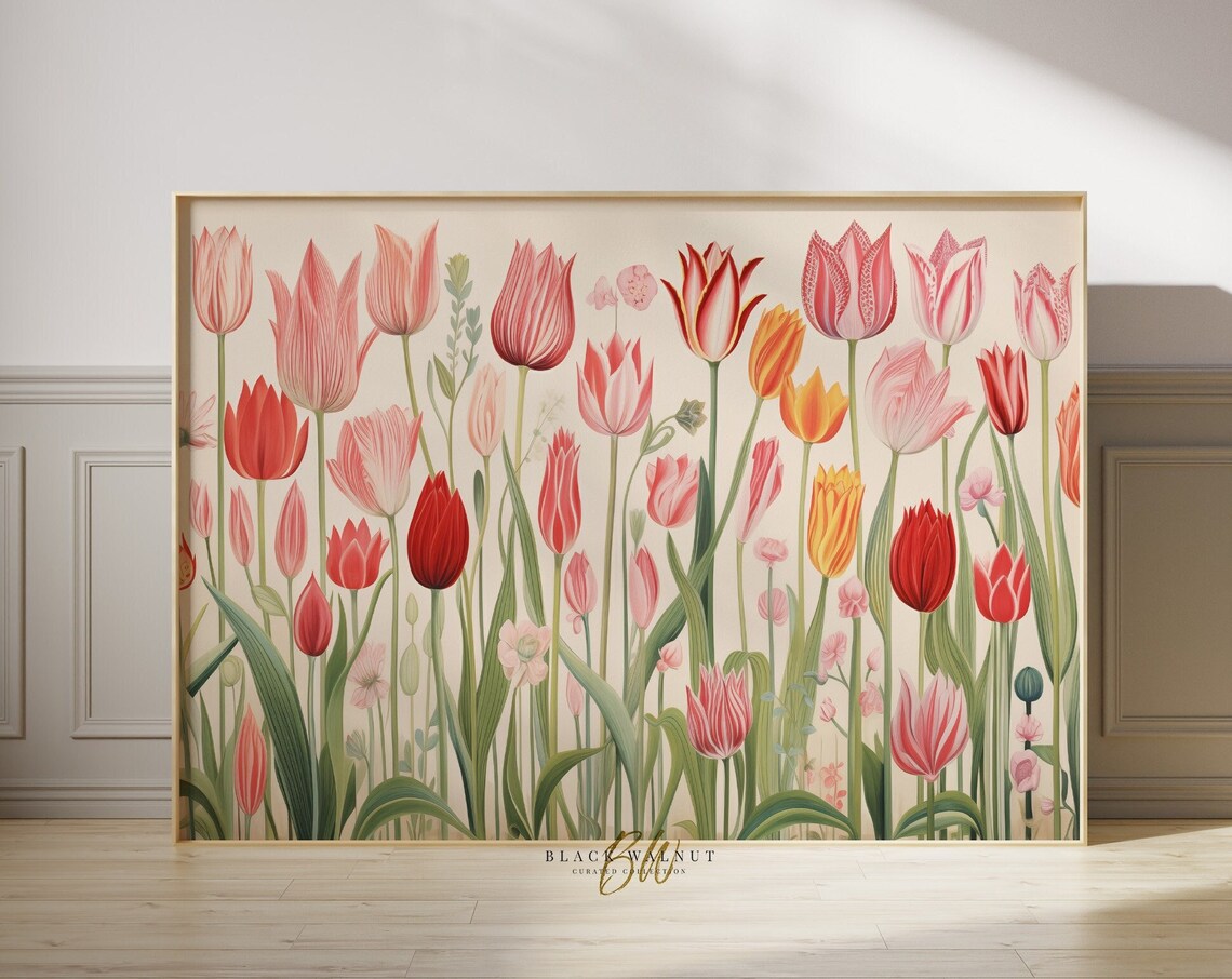 Tulips Retro Tulip Field Art Print, Floral Illustration