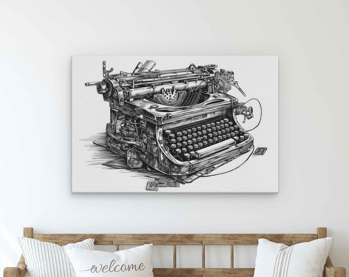 Typewriter Expressionist Pencil Art Drawing Illustration On Ready To Hang Gift For Writers Library Decor