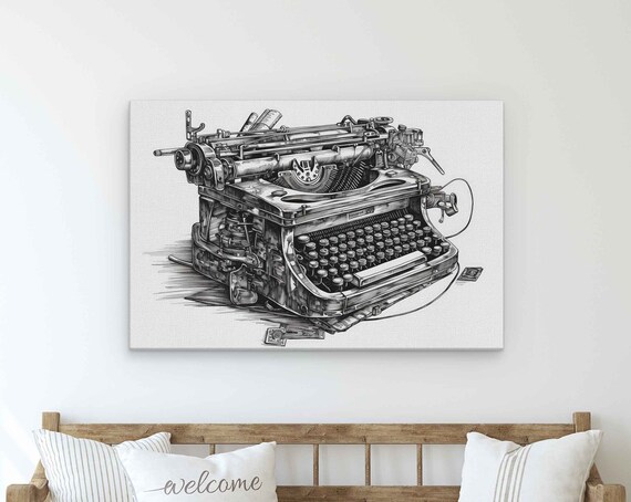 Vintage Typewriter Pencil Sketch Drawing Writers Library Wall Art Poster