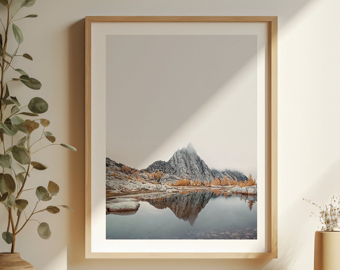 Misty Mountain Lake Reflection Modern Minimalist Poster Decor
