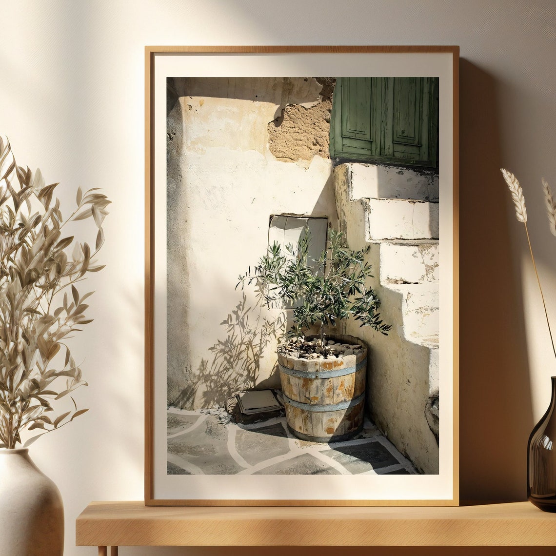 Olive Tree in Wooden Barrel by Mediterranean Whitewashed Wall Poster
