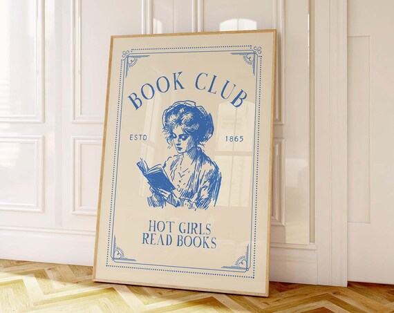 Book Club Art Print Vintage Reading Poster Retro Book Club Print Trendy Dorm Room Decor Cute Quote Print Girly Wall Art Art Blue