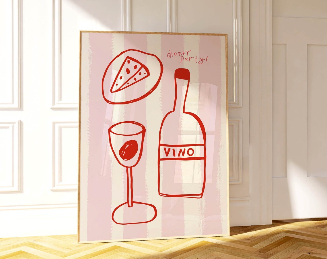 Dinner Party Red Line Art Cheese Wine Vino Pink Kitchen Poster