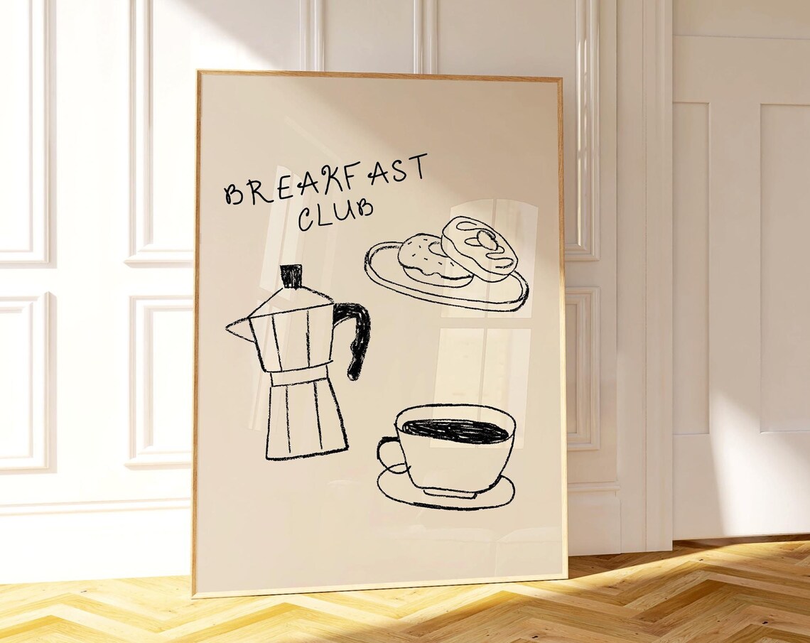 Breakfast Club Black Line Art Moka Pot Donuts Beige Kitchen Poster