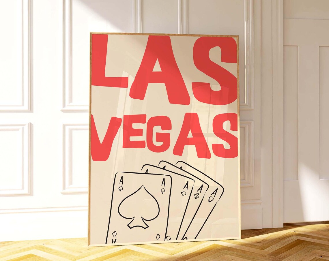 Las Vegas Red Typography Poster with Four Aces Playing Cards Art