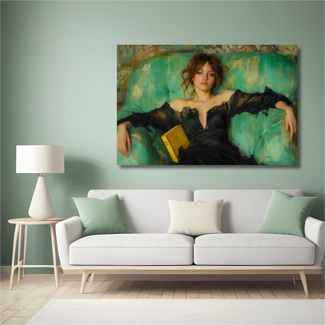 Woman Reclining on Teal Sofa with Book Impressionist Wall Art