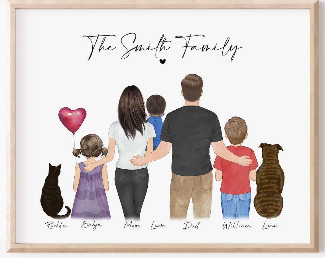 Custom Family Portrait With Pets, Wall Art Print