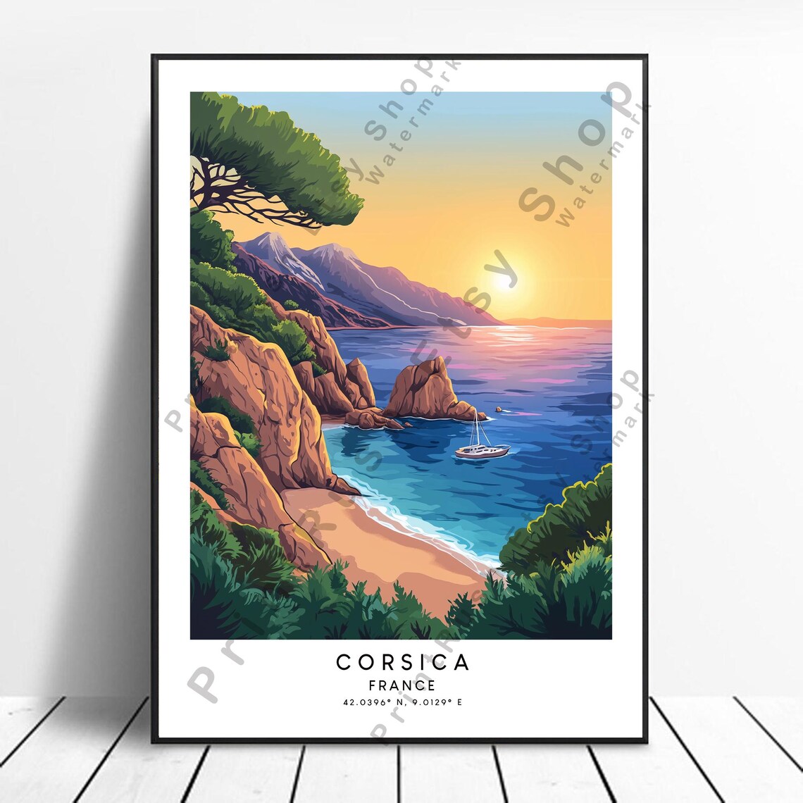 Corsica France Sunset Cove Sailboat Rocky Cliffs Travel Poster