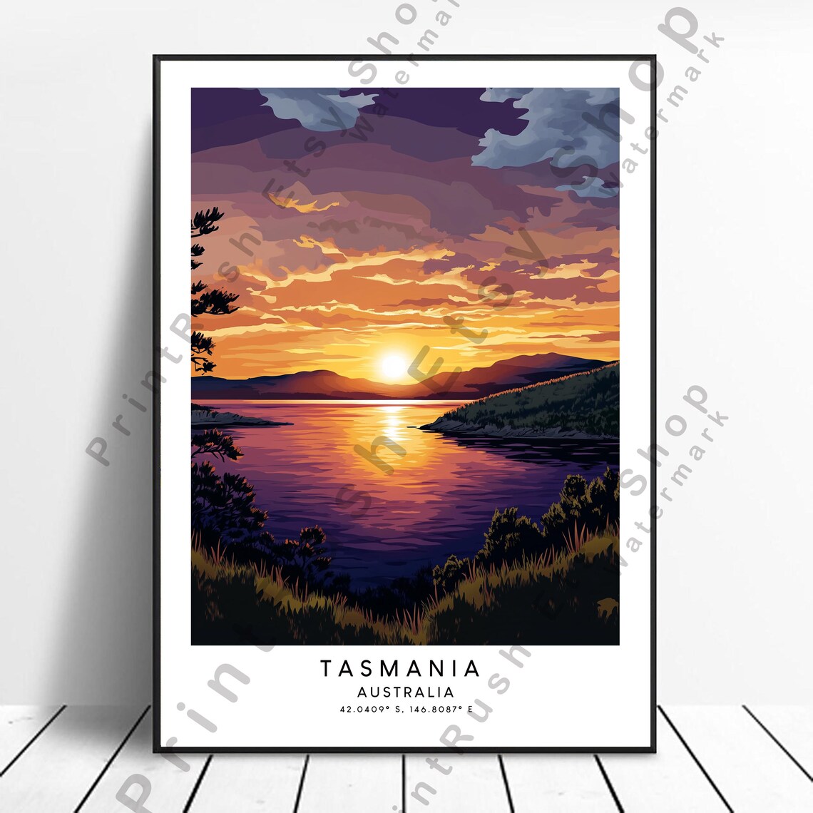 Tasmania Australia Golden Sunset Bay Retro Coastal Travel Poster