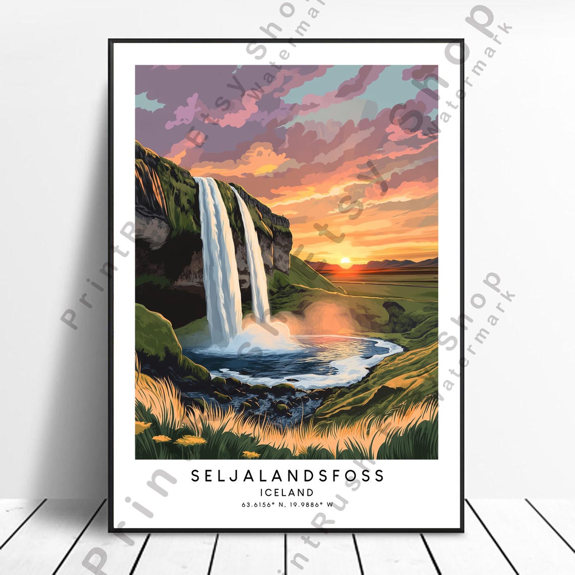 Seljalandsfoss Iceland Waterfall Sunset Illustration Travel Poster