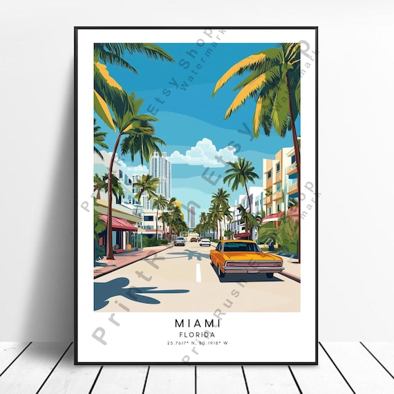 Miami Florida Vintage Travel Print Palm Trees Classic Car Scene