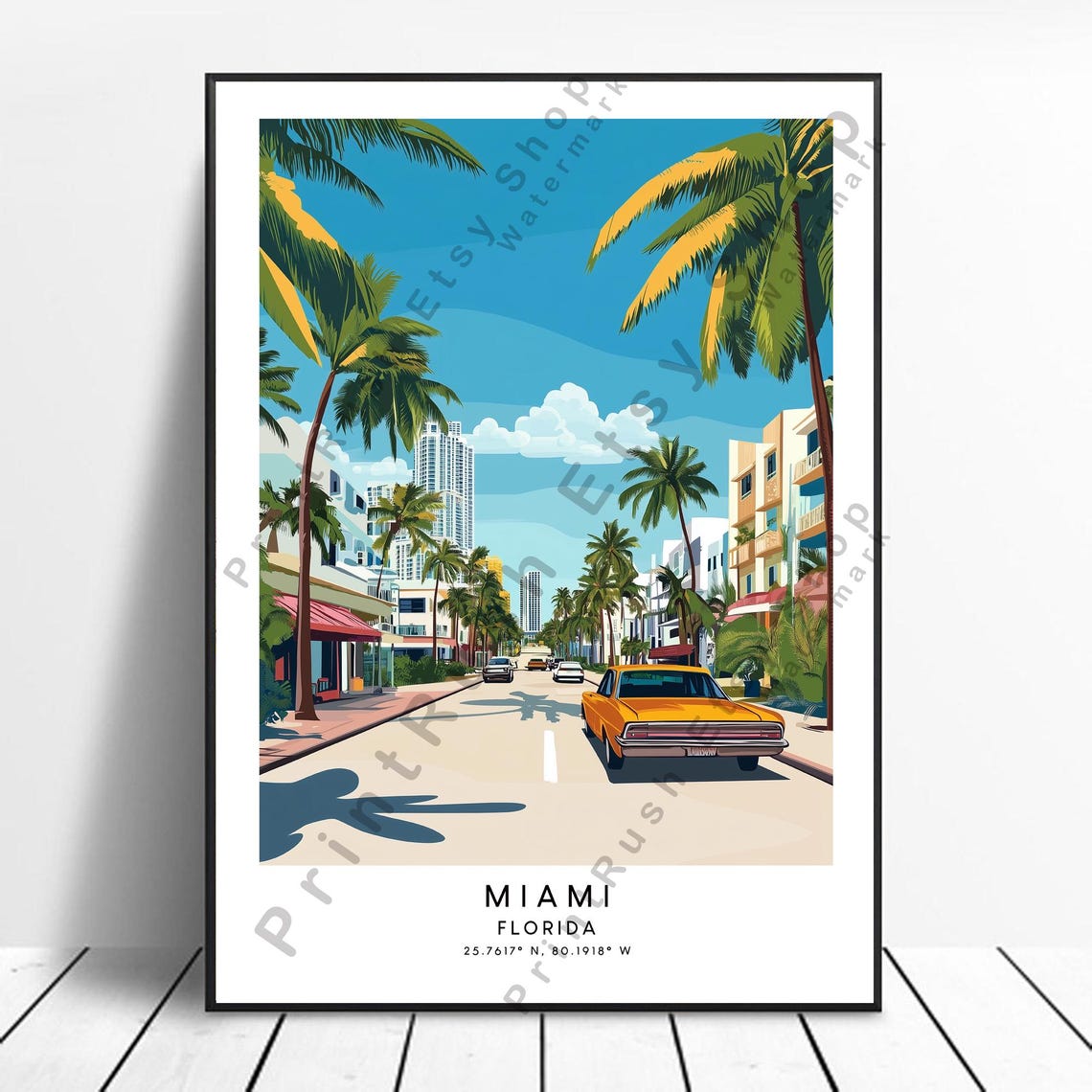 Miami Florida Vintage Travel Print Palm Trees Classic Car Scene