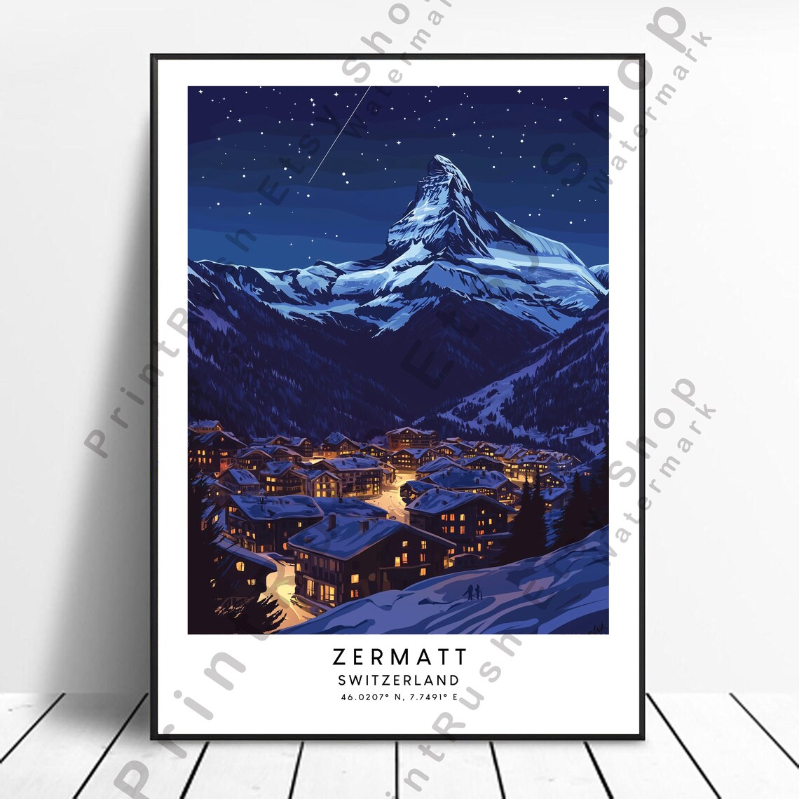 Zermatt Switzerland Matterhorn Night Village Travel Poster Art