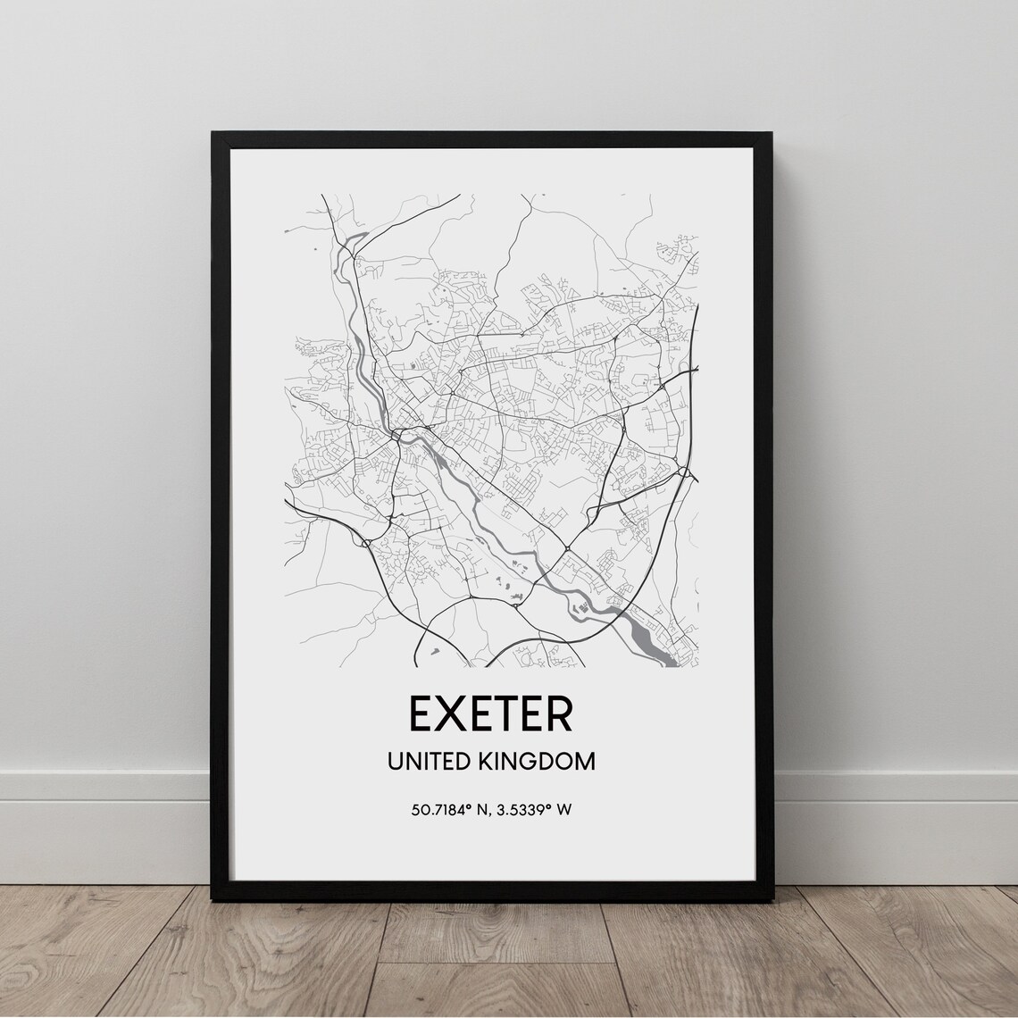 Exeter City Map Print Wall Art Poster Black And White Travel Gift
