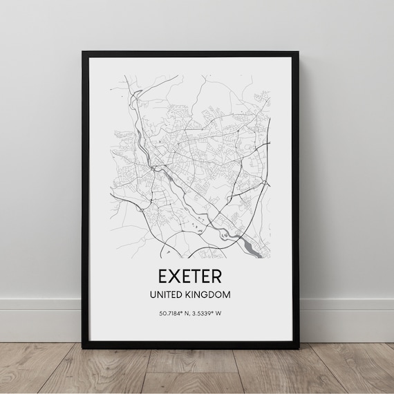 Exeter City Map Print Wall Art Poster Black And White Travel Gift