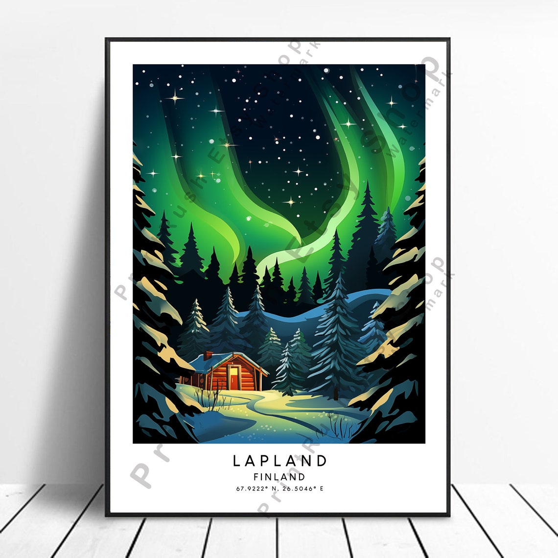 Lapland Finland Aurora Borealis Cabin Snowy Pines Travel Poster