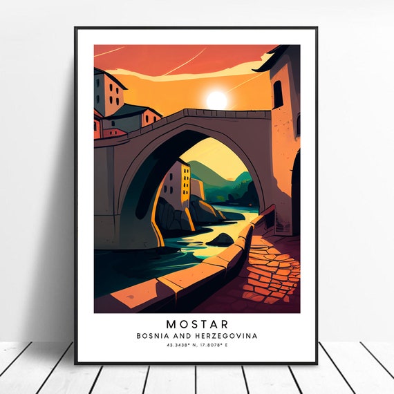 Mostar Travel Print Colourful Bosnia And Herzegovina Poster Minimalist Wall Art Gift