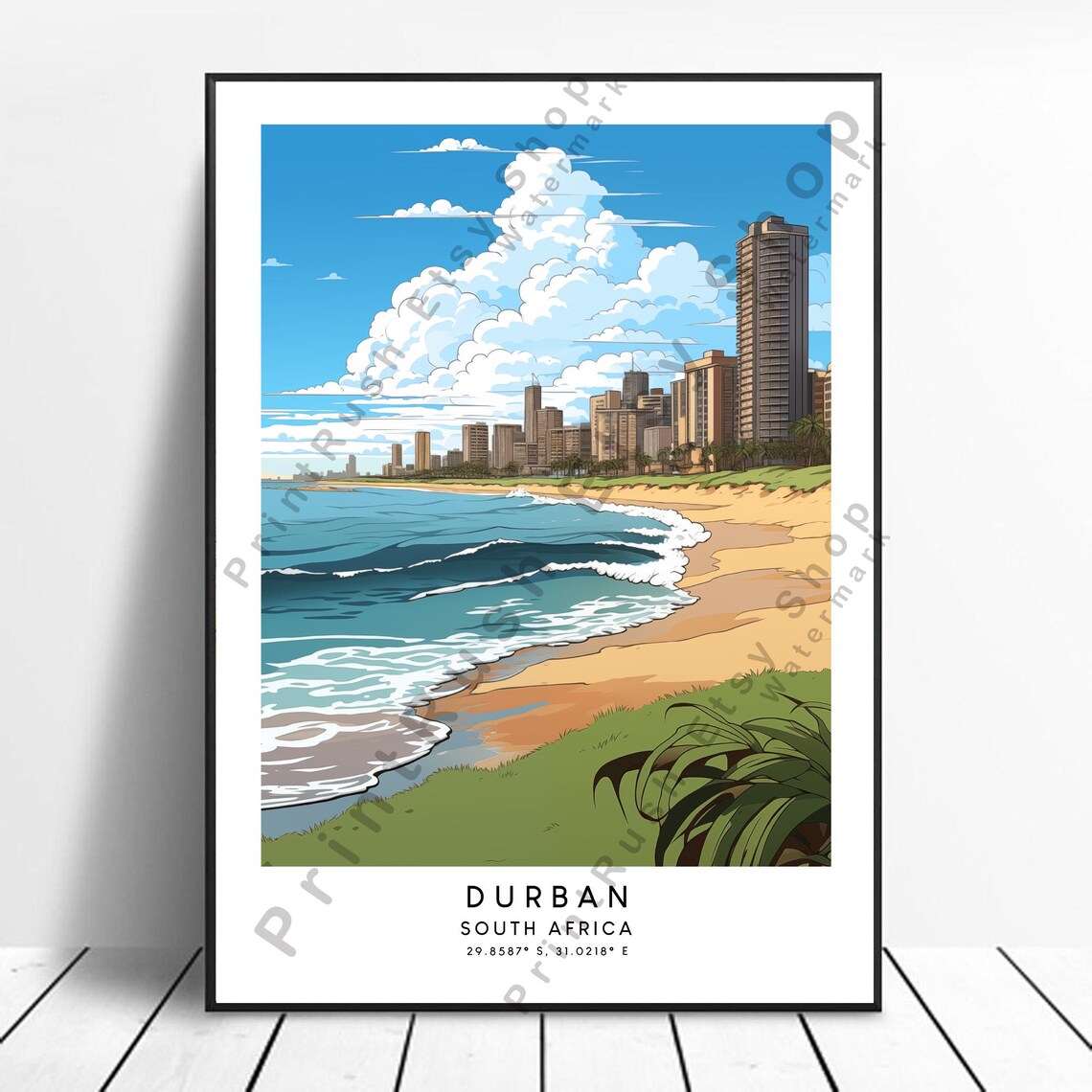 Durban South Africa Daytime Beach Surf Skyline Travel Poster