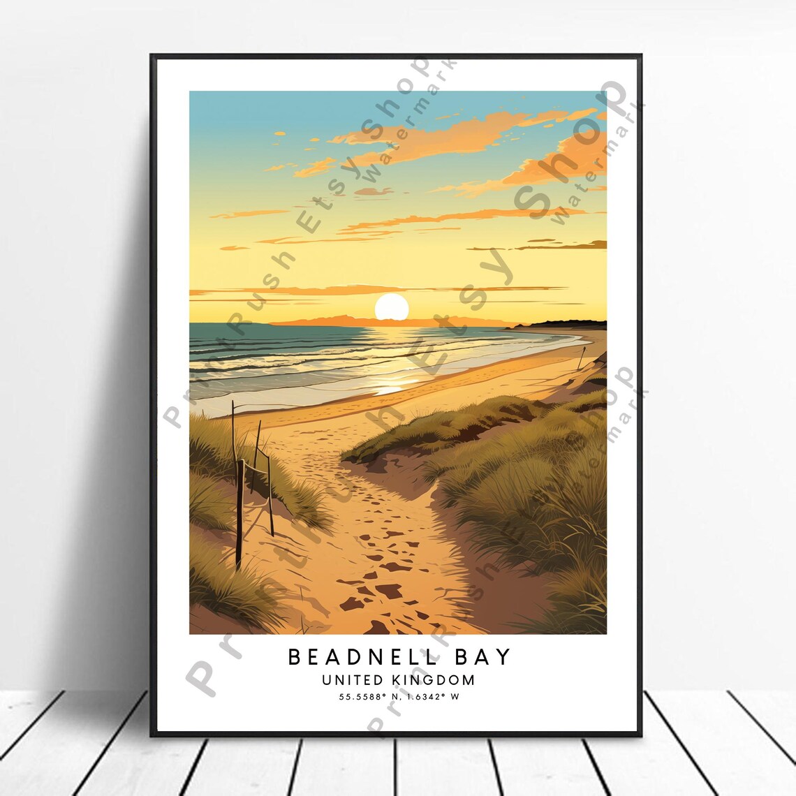 Beadnell Bay Travel Poster, Colorful Home Art