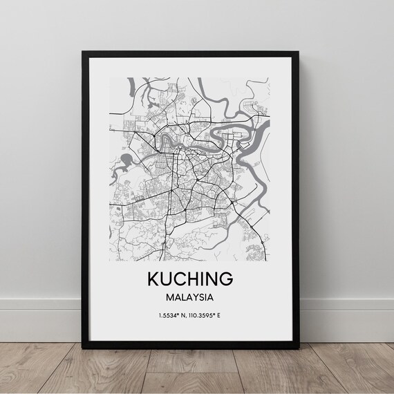 Kuching Malaysia Map Print Black And White Poster Travel Wall Minimalist City Art Gift