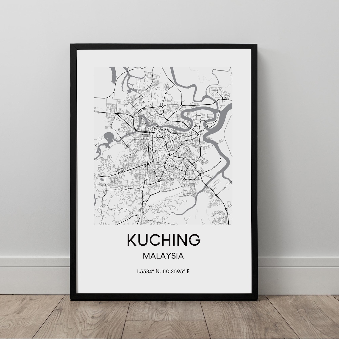 Kuching Malaysia Map Print Black And White Poster Travel Wall Minimalist City Art Gift