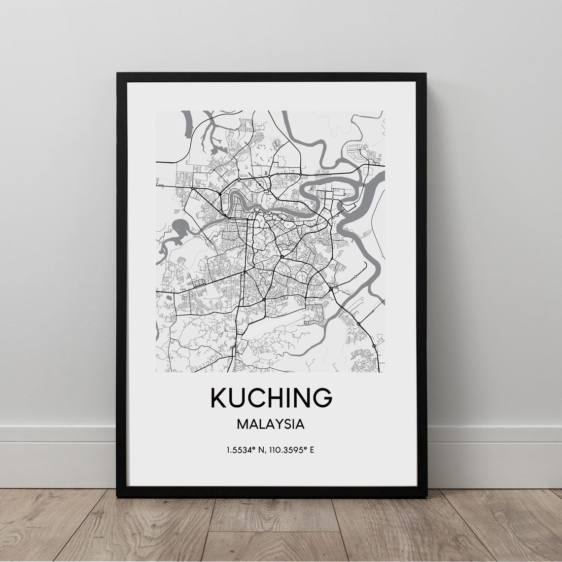 Kuching Malaysia Travel Minimalist Black And White City Map Poster