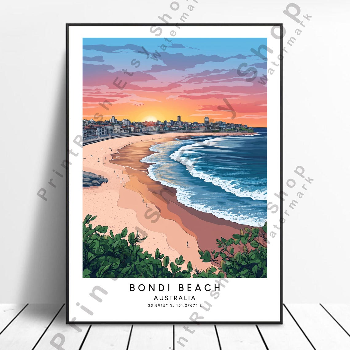 Bondi Beach Australia Sunset Coastline Waves Surf City Travel Poster