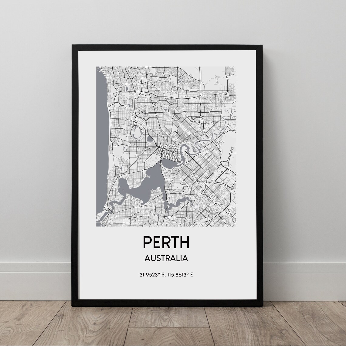 Perth City Map Print Black And White Poster Australia Travel Art Minimalist Wall Gift