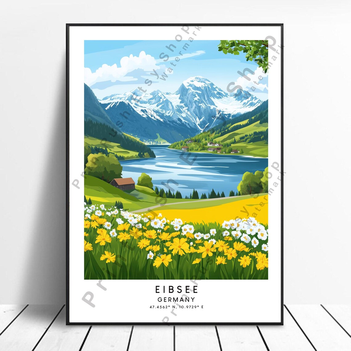 Eibsee Germany Alpine Lake Summer Wildflowers Mountain Travel Poster