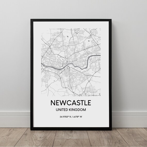 Newcastle Map Print Black And White Art Minimalist City Poser Wall Travel Gift