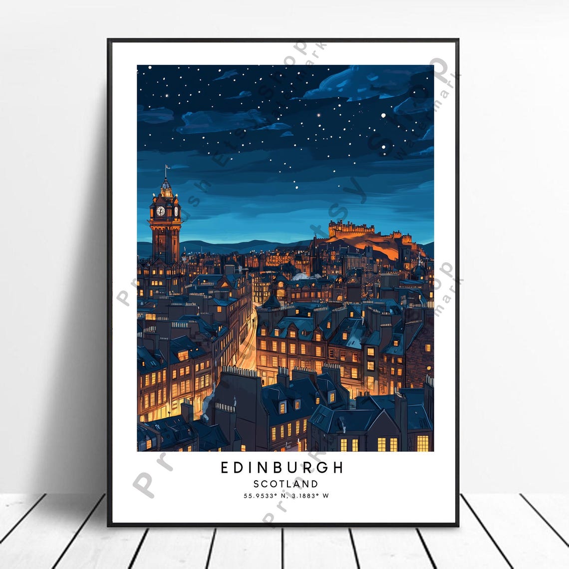Edinburgh Scotland Night Skyline Castle Clock Tower Travel Poster